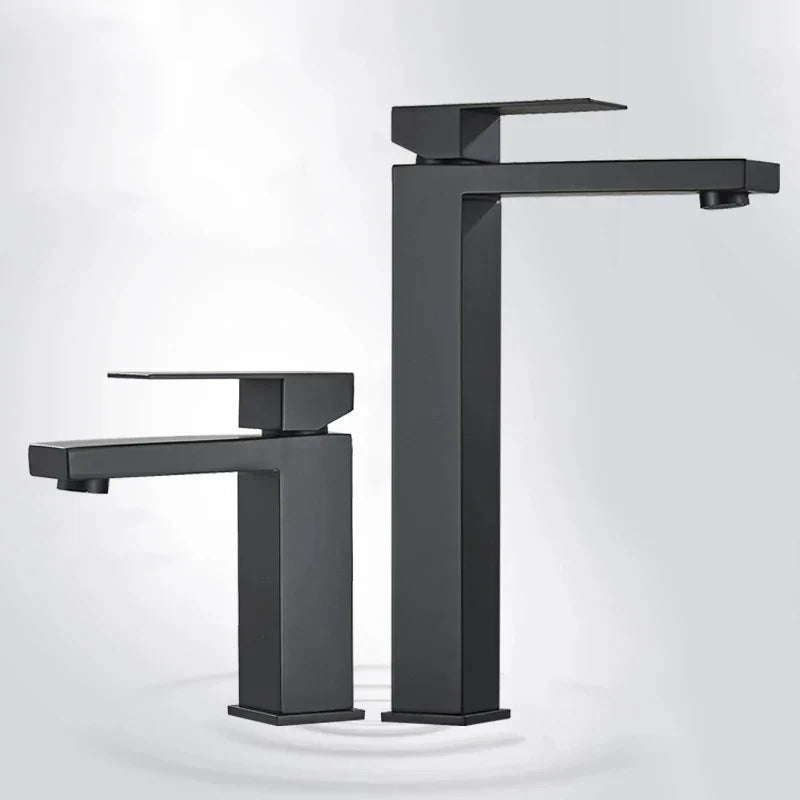 Comparison side-by-side view of Black Long and Black Short basin faucets