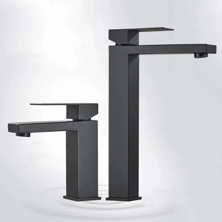 Comparison side-by-side view of Black Long and Black Short basin faucets