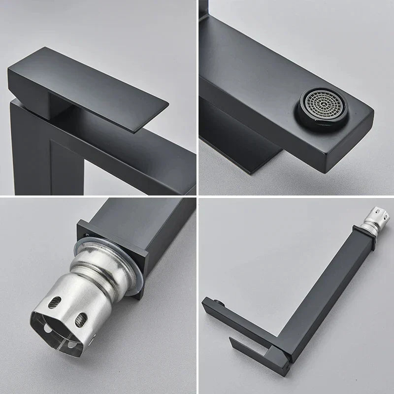 Close-up of the stylish bathroom mixer tap featuring contrasting black and silver finish