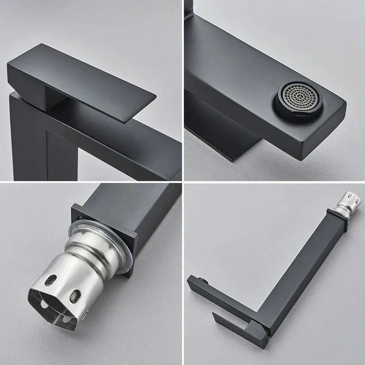 Close-up of the stylish bathroom mixer tap featuring contrasting black and silver finish