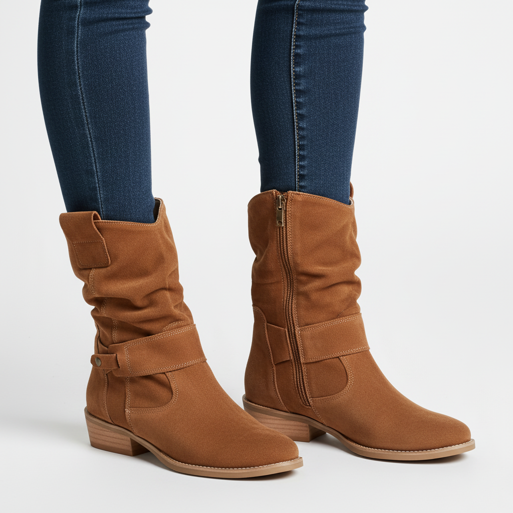 Side profile of women's comfortable neutral ankle boots with low heel
