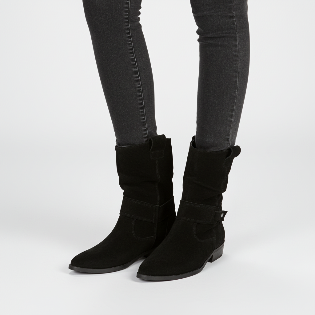 Close up view of soft slouch boot material and stitching details