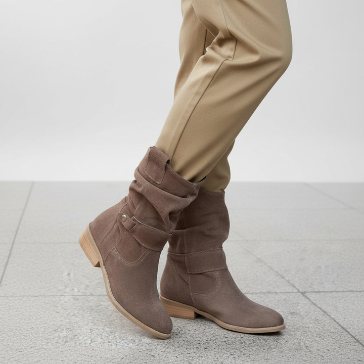 Back view of casual women's ankle boots showing low block heel