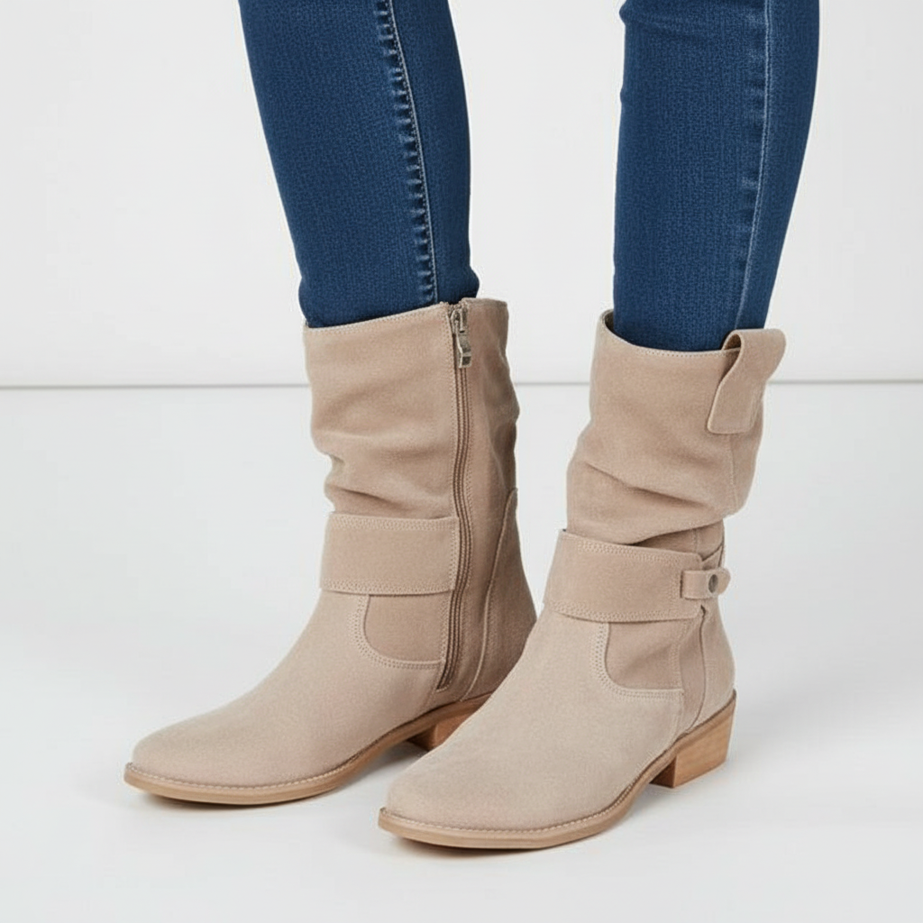 Pair of stylish casual footwear women's slouch boots on white background
