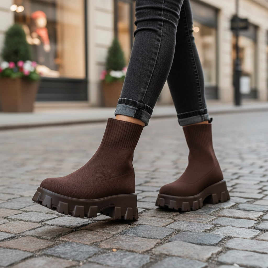 Close-up of brown modern platform sock boots worn outdoors on cobblestone street