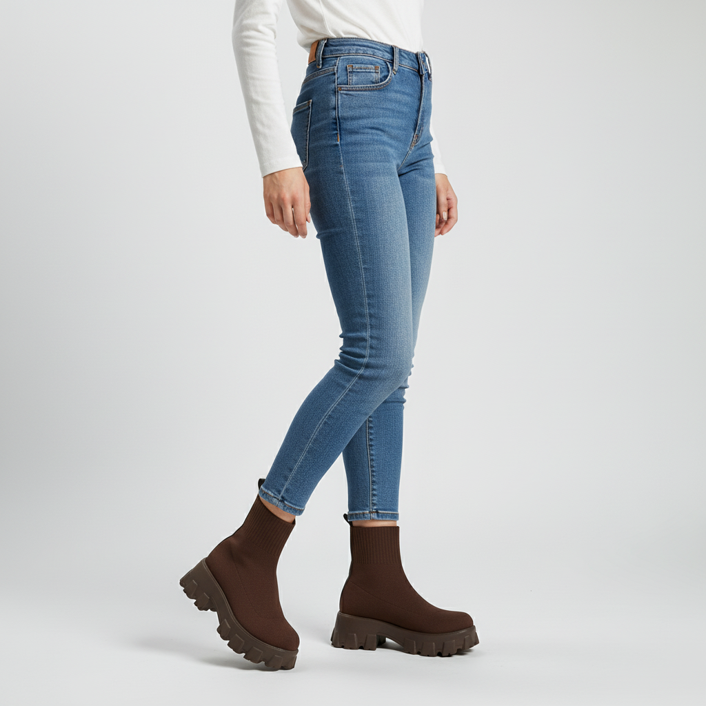 Full-body view of woman wearing blue jeans and brown platform sock boots