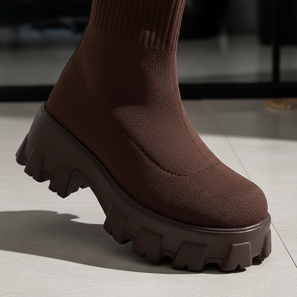 Detailed side view of brown chunky heel platform sock boot