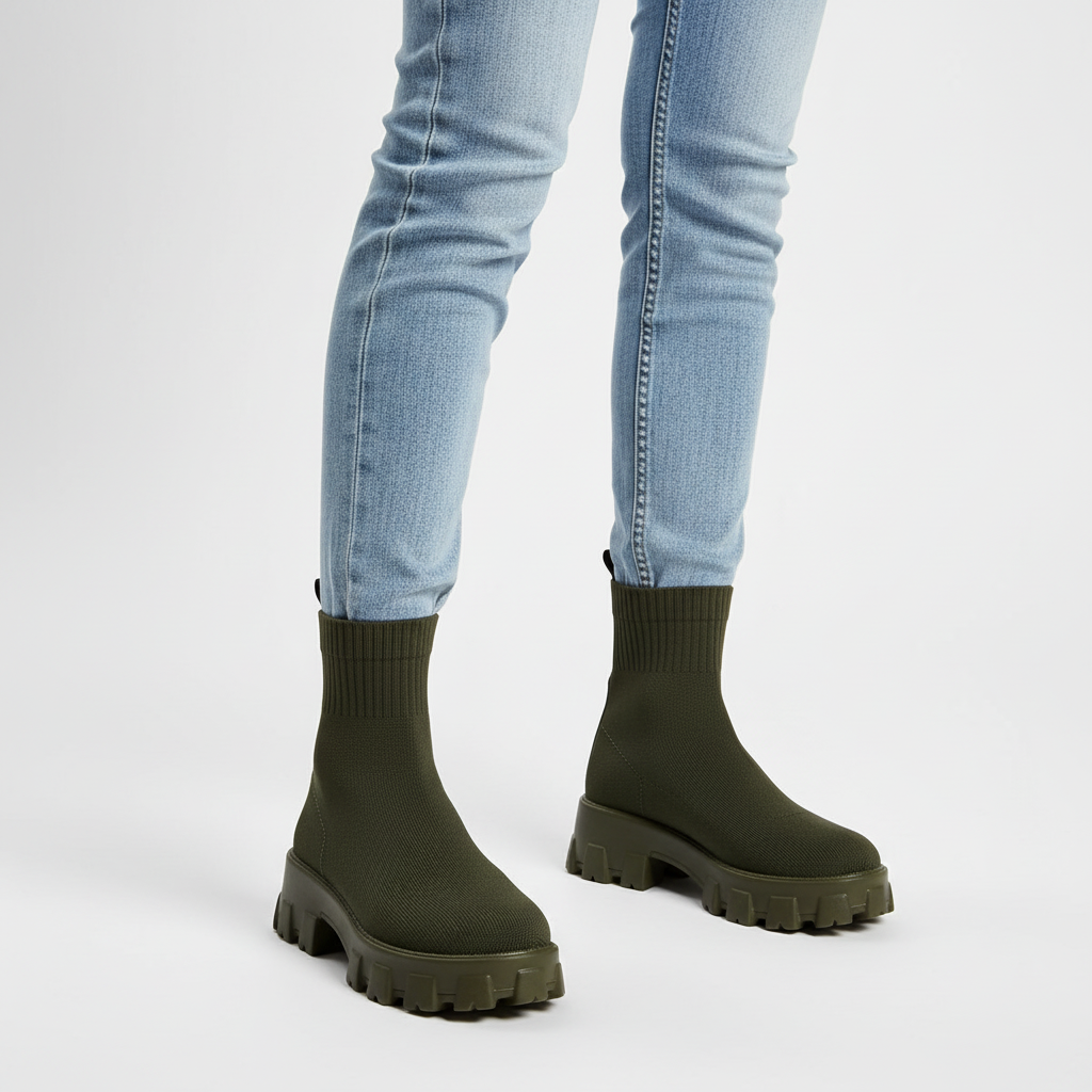Back view of trendy women's platform sock boots showcasing bold chunky heels