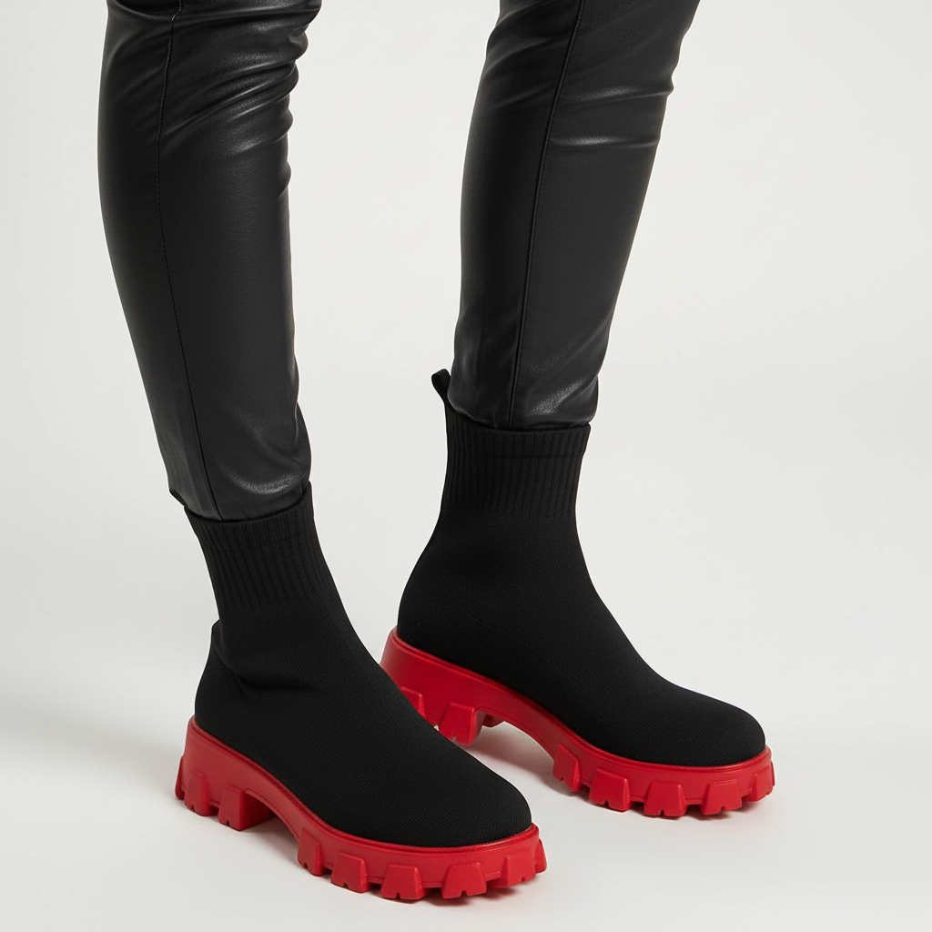 Side profile of women's fashionable platform boots with stretchy sock ankle design