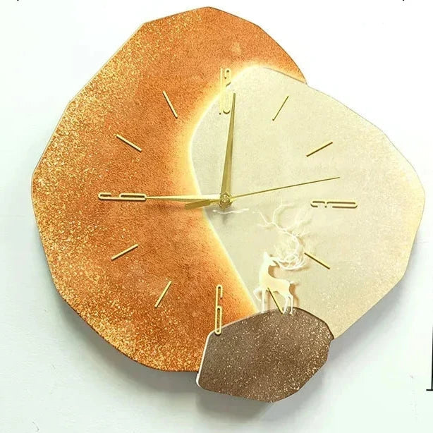 Decorative orange modern wall clock featuring a unique deer figurine detail