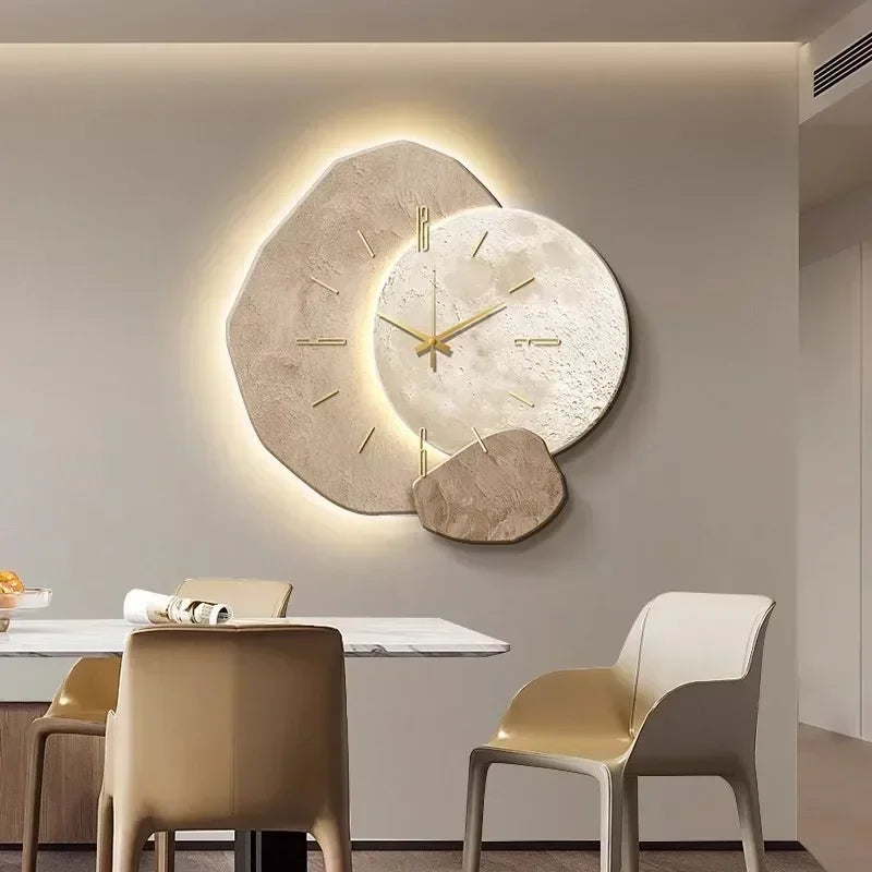 Minimalist modern decorative wall clock with warm LED USB lamp for living room