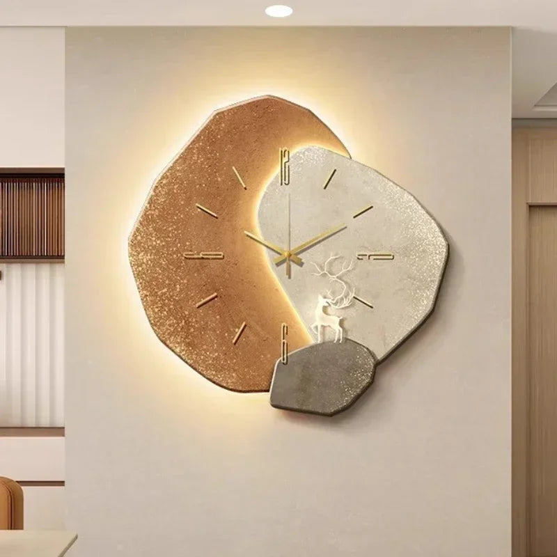 Close up view of artistic wooden wall clock showing silent movement and design