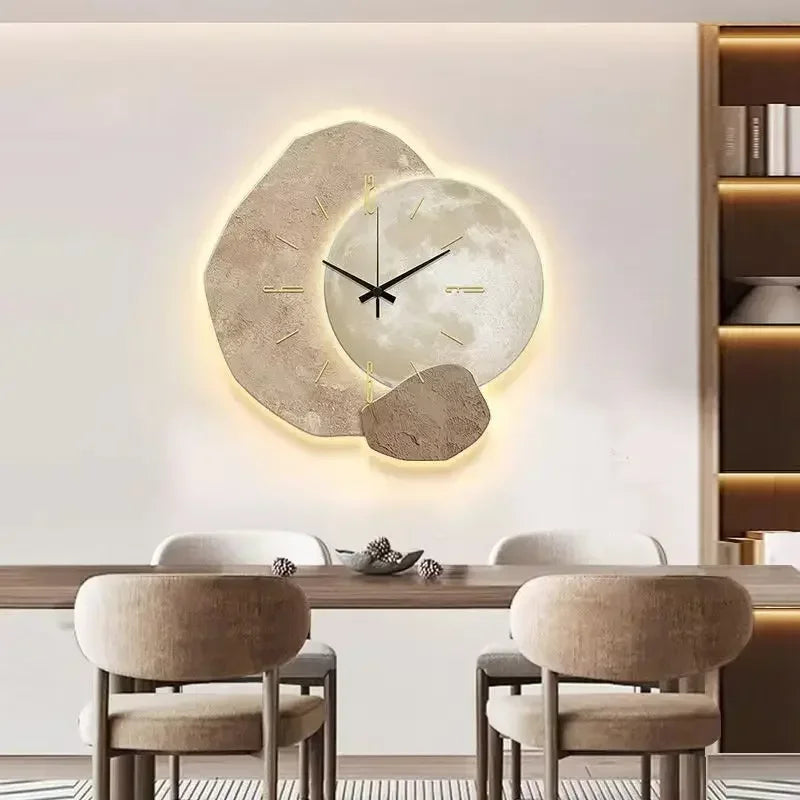 Contemporary silent wall clock and USB lamp mounted on a modern living room wall