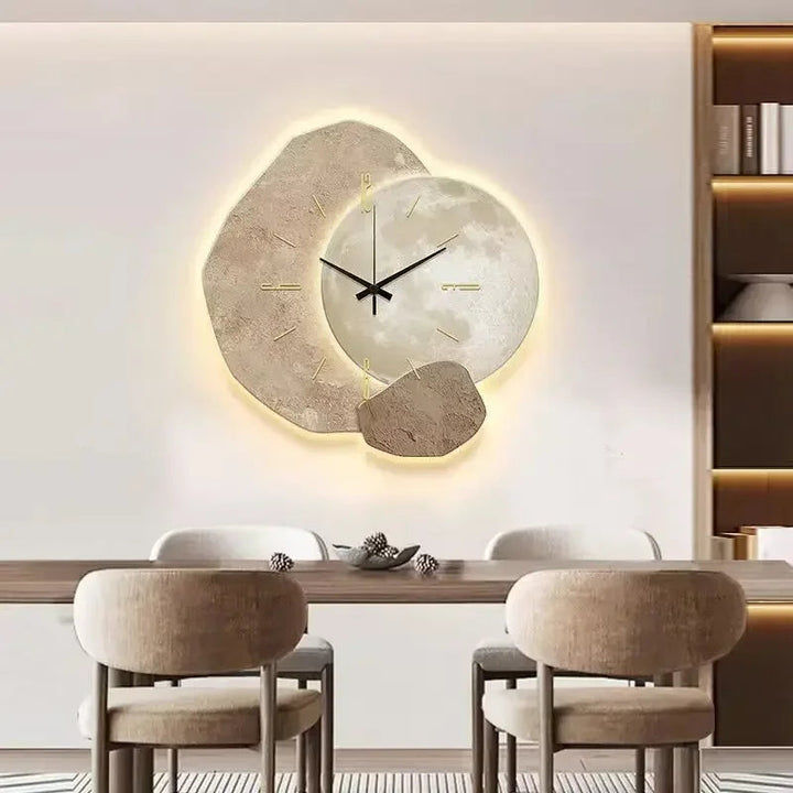 Contemporary silent wall clock and USB lamp mounted on a modern living room wall