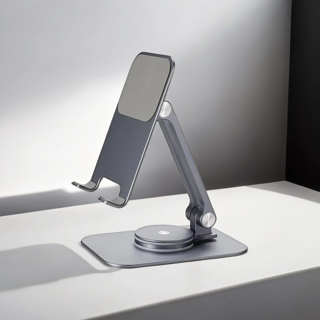 Adjustable phone and tablet holder displaying a tablet in landscape mode