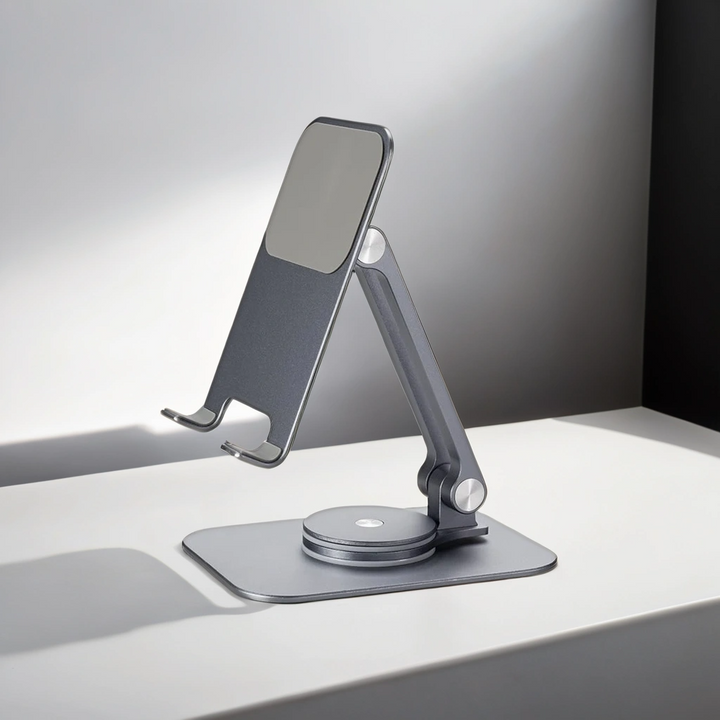 Adjustable phone and tablet holder displaying a tablet in landscape mode