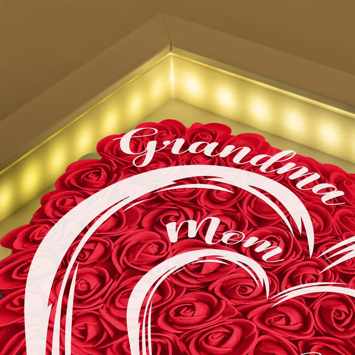 Close-up detail of warm LED strip inside the customized shadow box frame