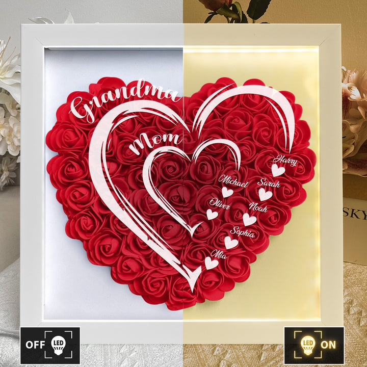 Personalized LED flower shadow box glowing on a wooden table, ideal custom home decor gift for mom