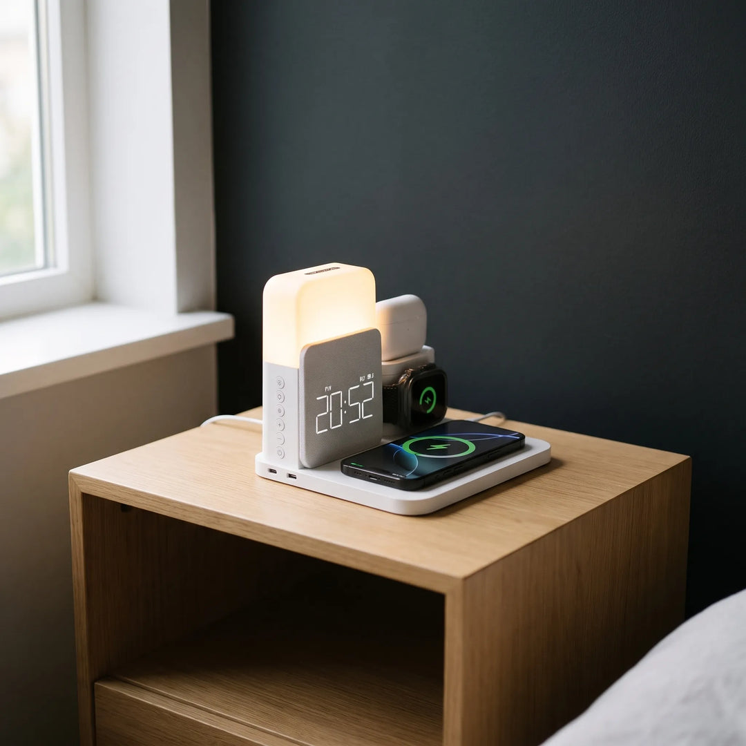 Wireless charging station with digital clock on a wooden bedside table