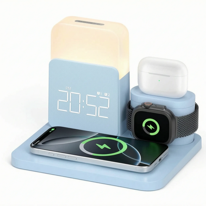 Lifestyle shot of the bedside lamp and wireless charging station in a dimly lit bedroom