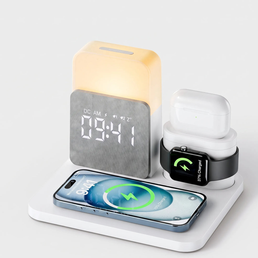 Multi-device wireless charging station displaying phone, watch, and earbuds charging