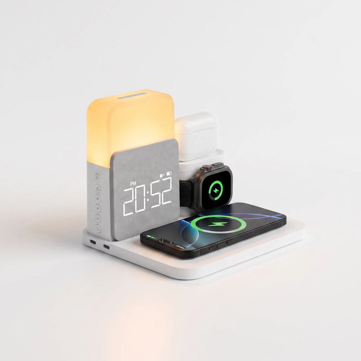 Angle view of the white wireless charging dock with ambient night light activated
