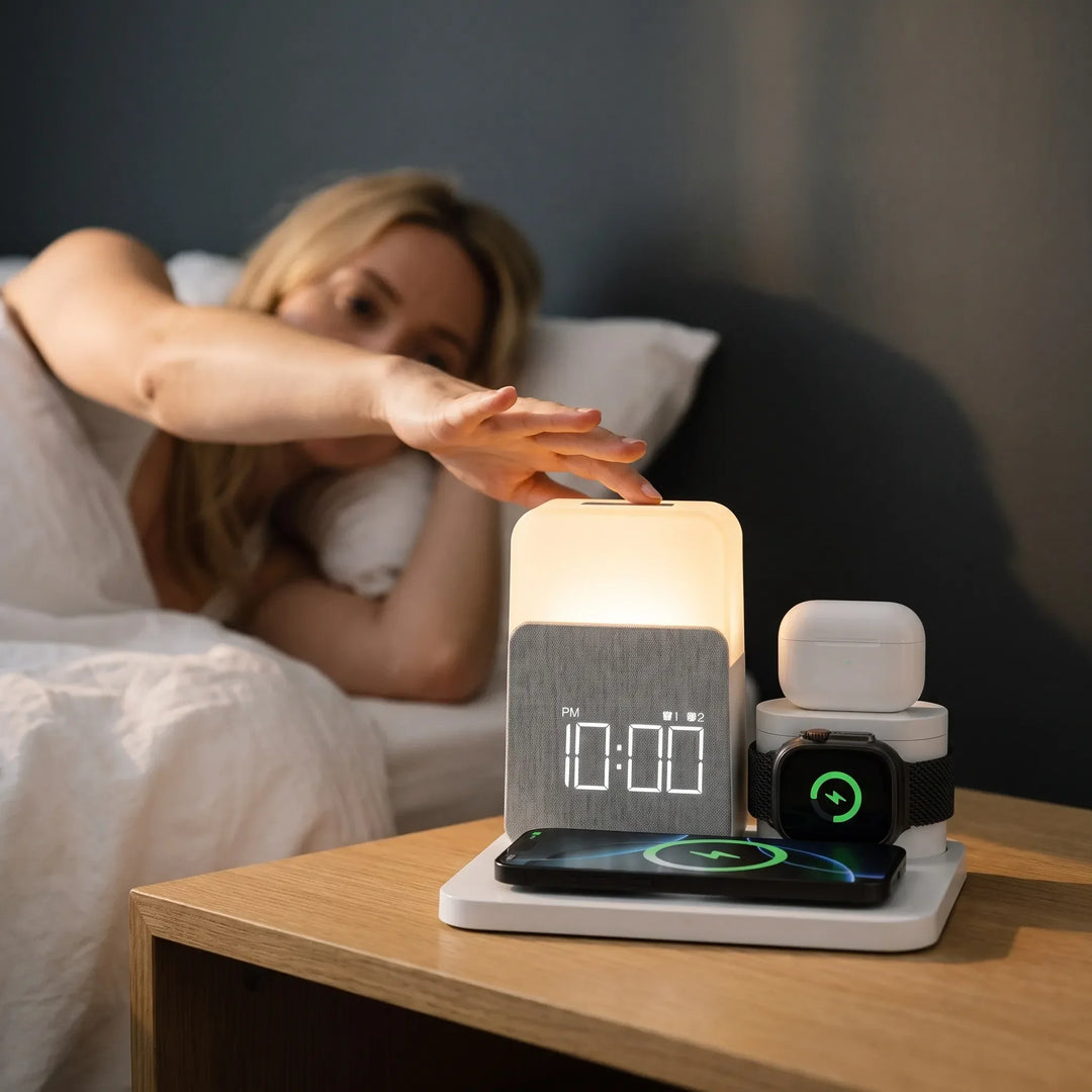 Wireless charging station with digital clock and adjustable night light on a clean desk setup