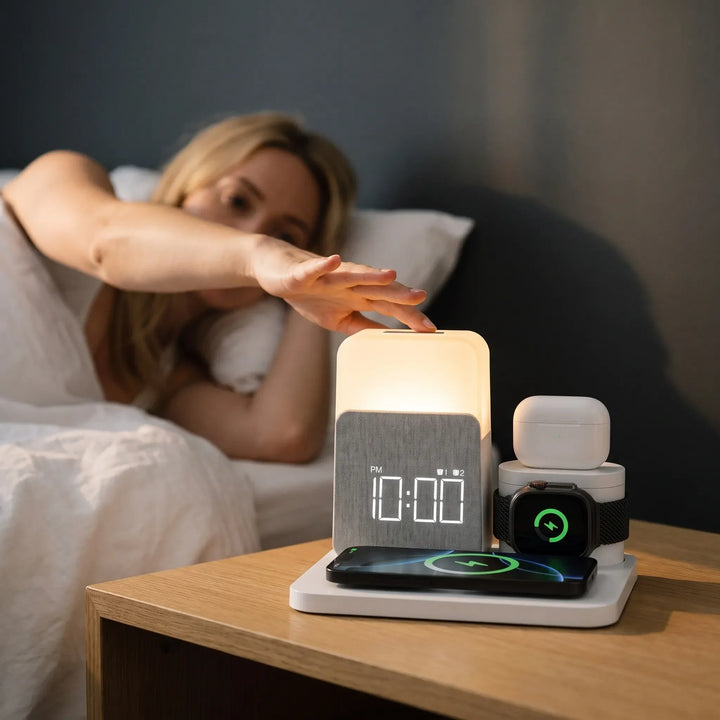 Wireless charging station with digital clock and adjustable night light on a clean desk setup