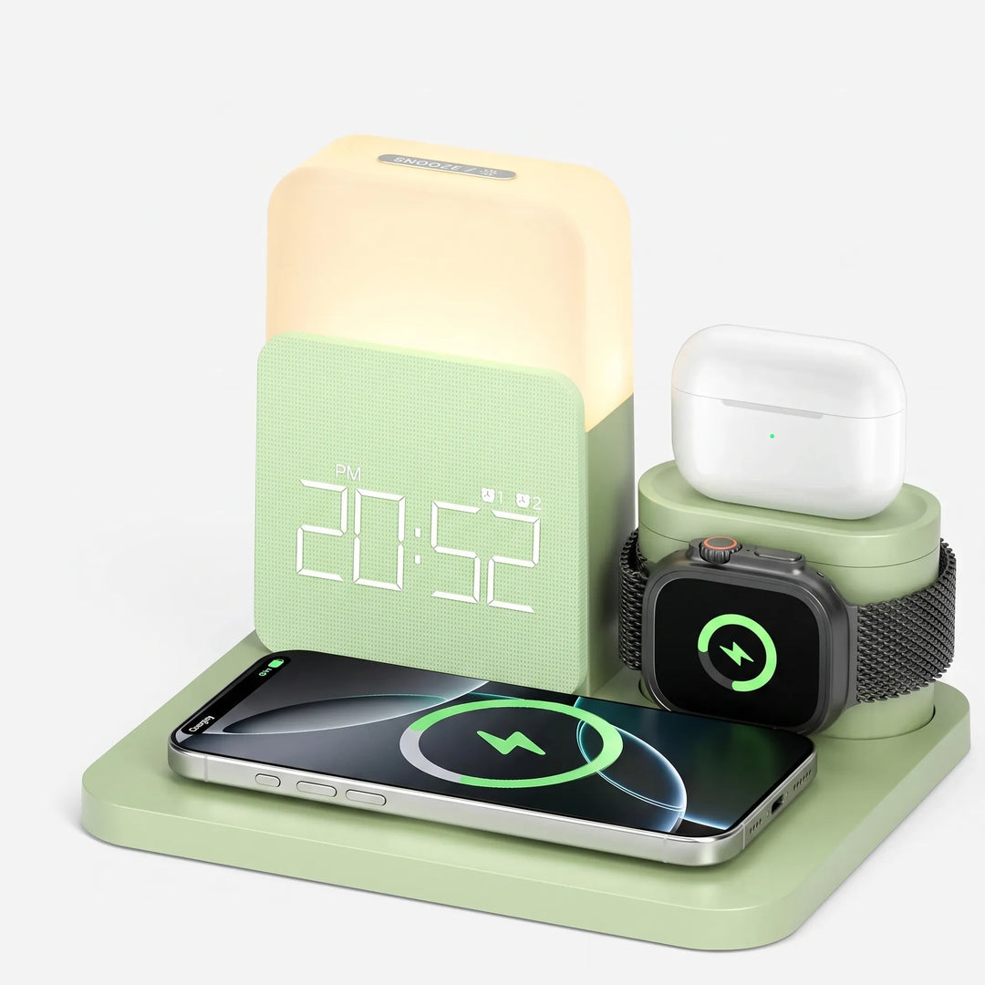 Bedside tech accessories hub featuring wireless charging pad, digital clock, and ambient lamp