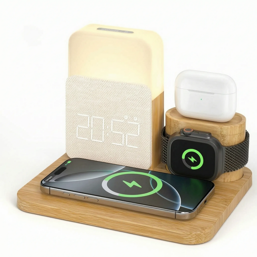 Close-up of the digital clock display and night light controls on the wireless charging station