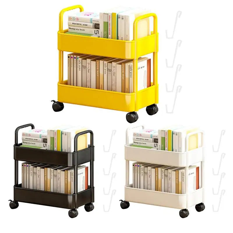 Mobile rolling bookshelf trolley with multiple tiers for office and study organization