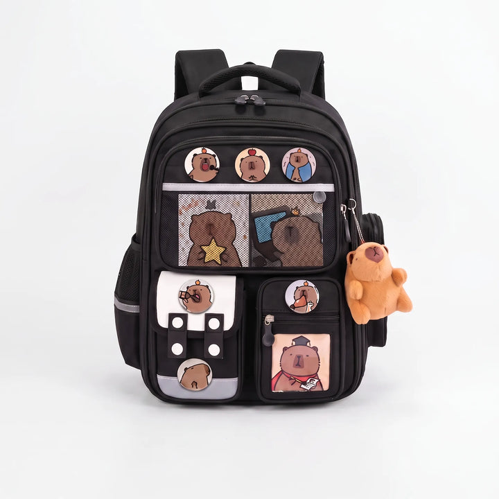 Back view of children travel backpack featuring comfortable padded shoulder straps