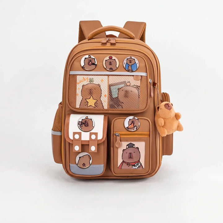 Interior compartment of capybara school bag showcasing spacious storage for books and tablets