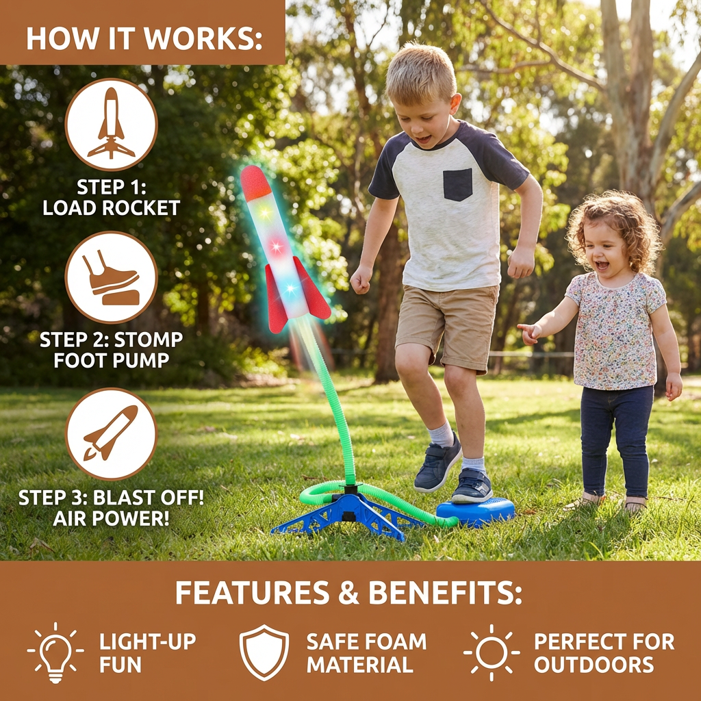 Children launching a foam toy rocket outdoors using an adjustable stomp launcher pump.
