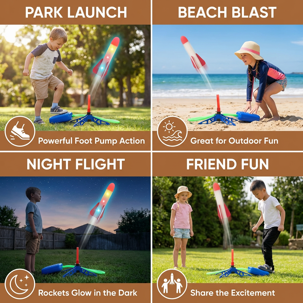 Set of lightweight foam rockets and launching pad for kids lawn games and yard fun.
