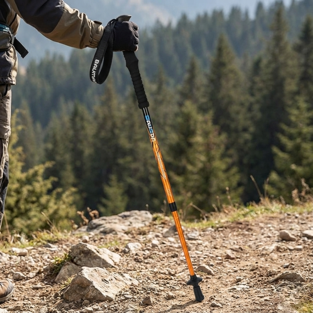 Outdoor hiker holding trekking pole on a mountain trail
