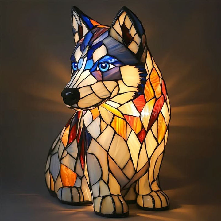 Illuminated dog lamp acrylic plate close-up showing fine artistic details
