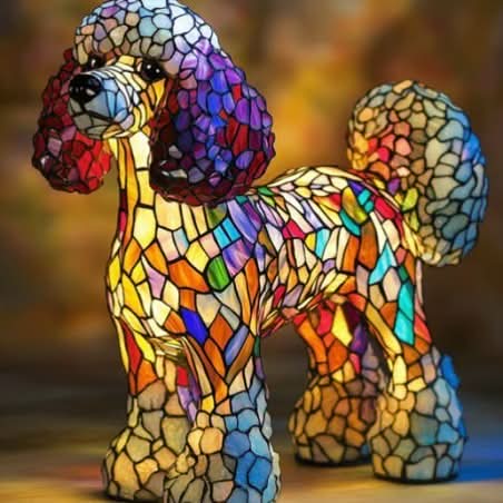 Dog breed LED lamp displaying vibrant colors in a dim room setting