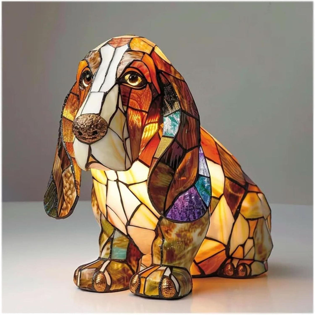 Stained glass style Dachshund dog table lamp casting warm light
