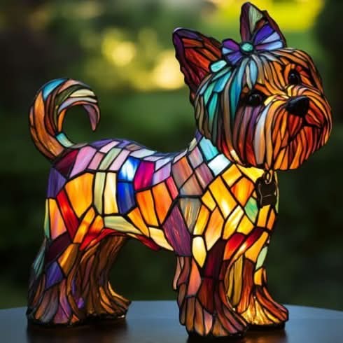 Detailed view of the illuminated acrylic dog art panel and base