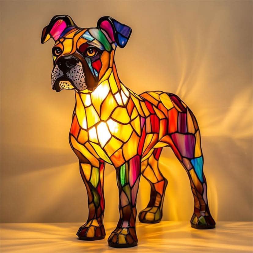 Artistic dog breed LED night light lamp glowing warmly on a bedside table