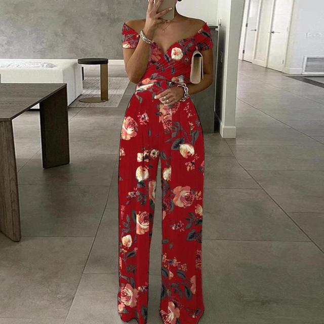 Floral print off-shoulder wide-leg jumpsuit for women's summer fashion