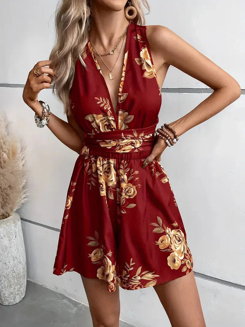 Close up of floral pattern on womens halter jumpsuit