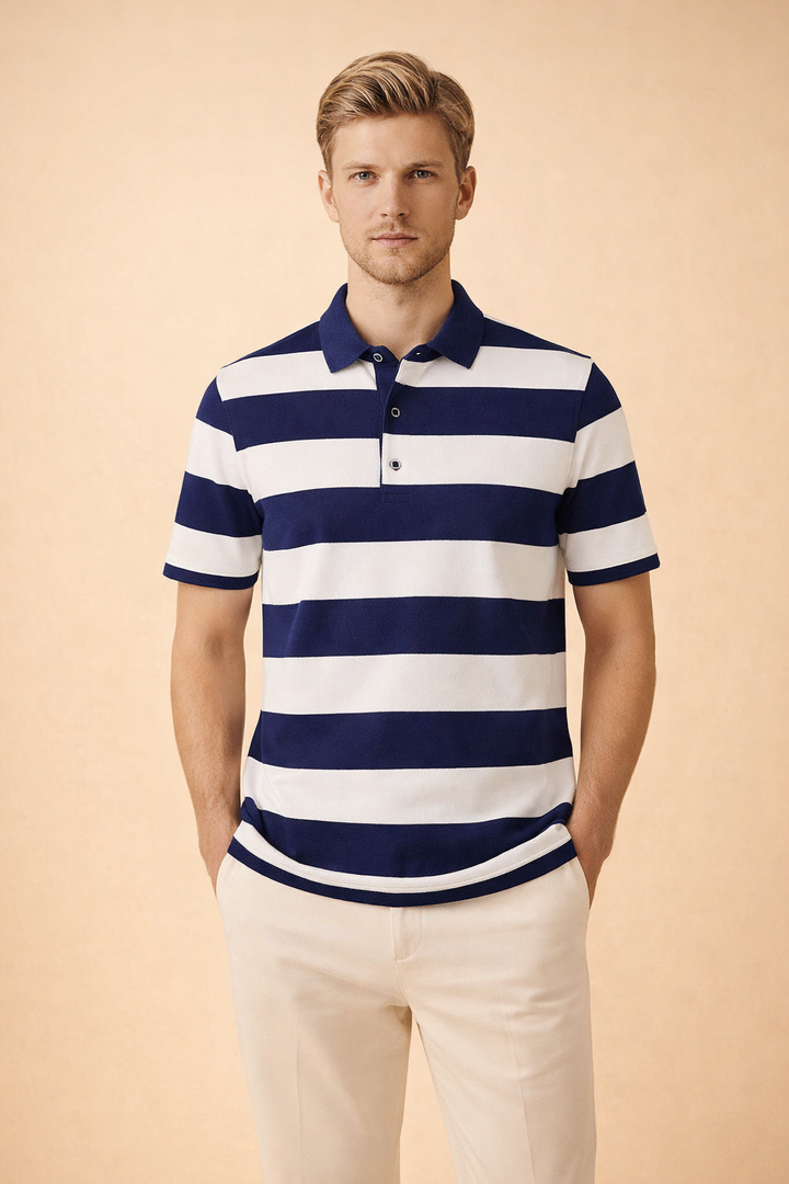 Blonde male model wearing a white and navy striped short-sleeve polo shirt with beige trousers in a studio setting.