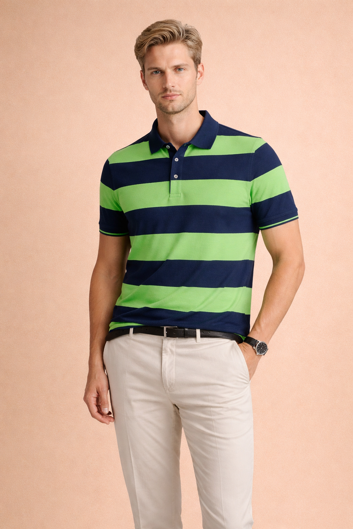 Blonde male model wearing a green and navy striped short-sleeve polo shirt paired with a belt and beige trousers.