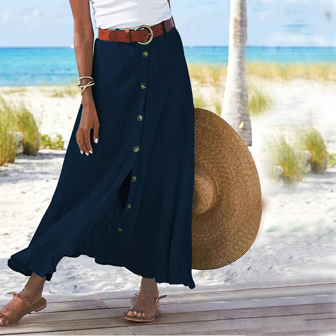 Side view of women's a-line button midi skirt showing casual summer style