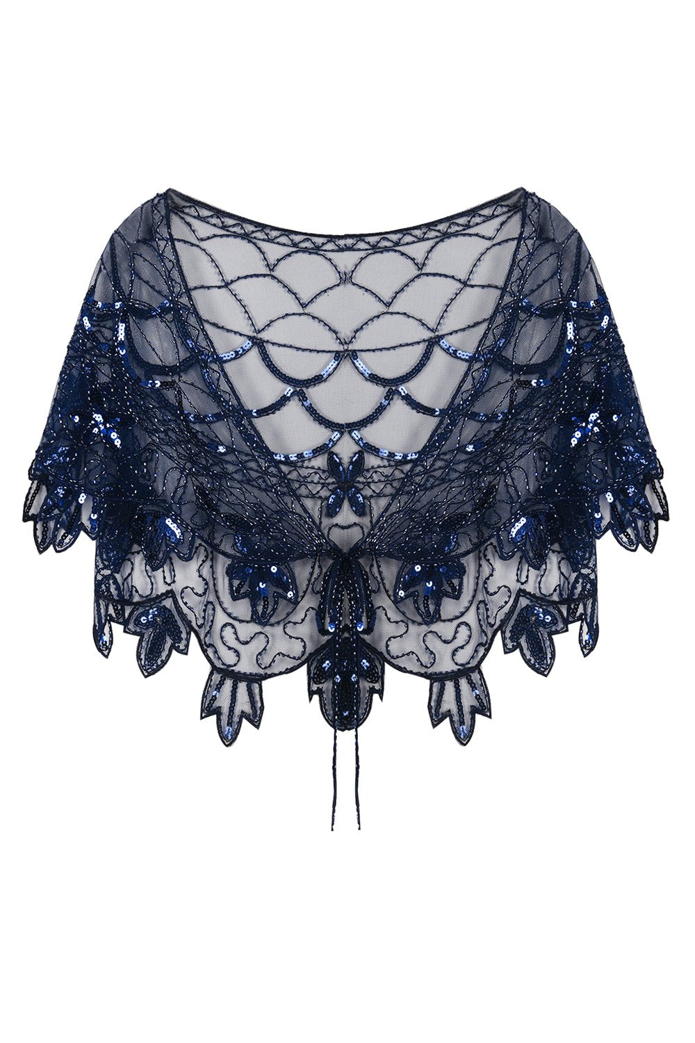 Front view of women's navy blue sequin bolero capelet with intricate beadwork