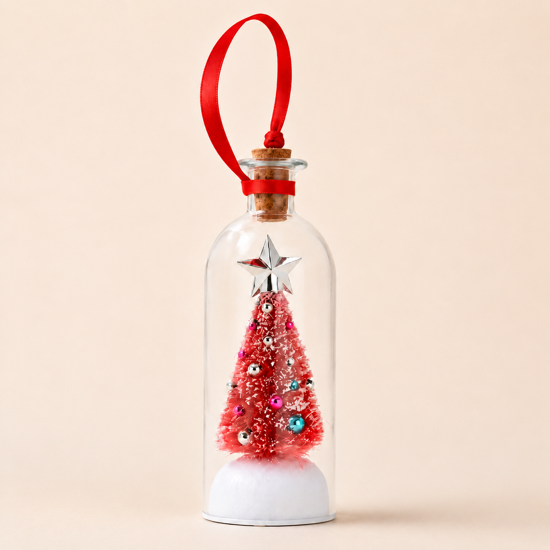 Green and red decorative message-in-a-bottle Christmas ornament with voice recording feature