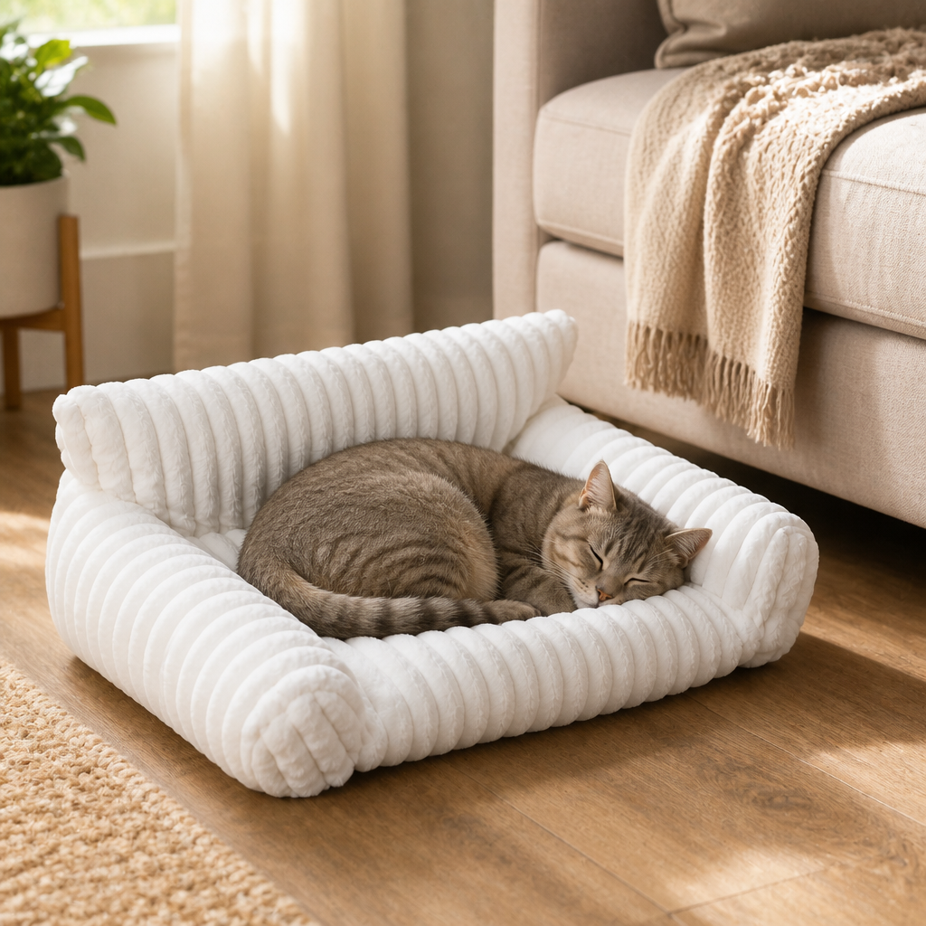 Tabby cat sleeping peacefully on a white fluffy cloud pet sofa bed