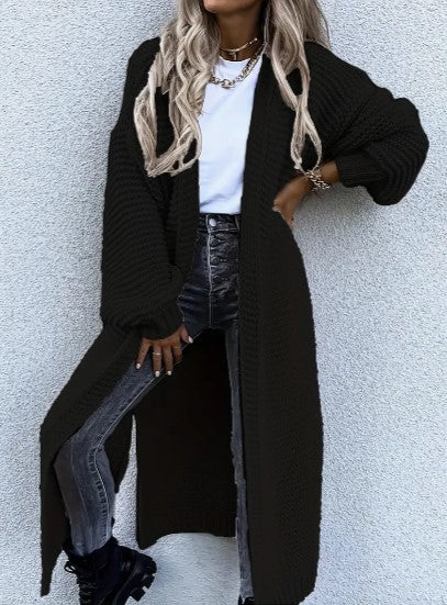 Casual open front long cardigan knitwear for women, side profile product shot